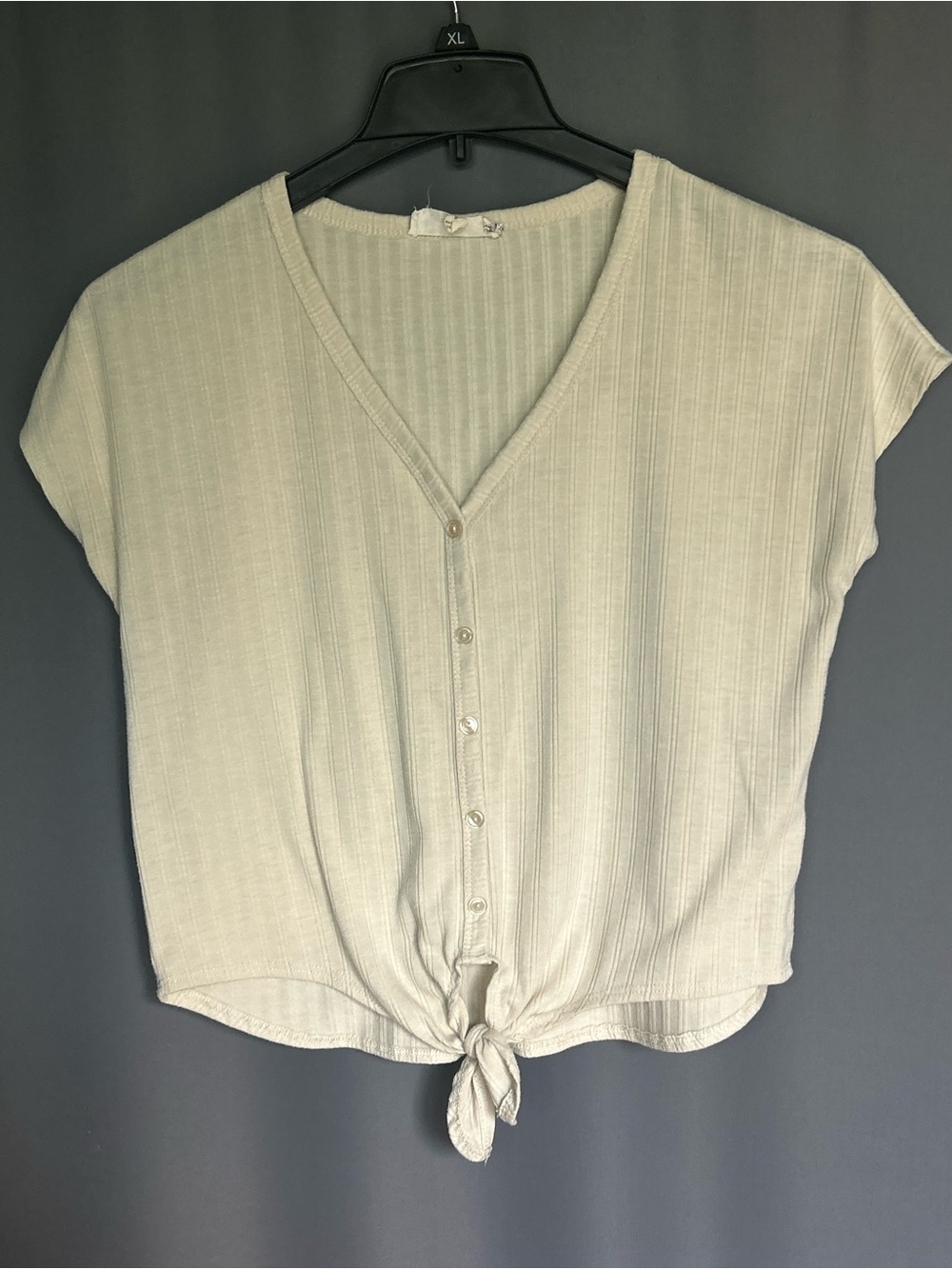 Pink Republic Cream Ribbed Tie-Front V-Neck Crop Top